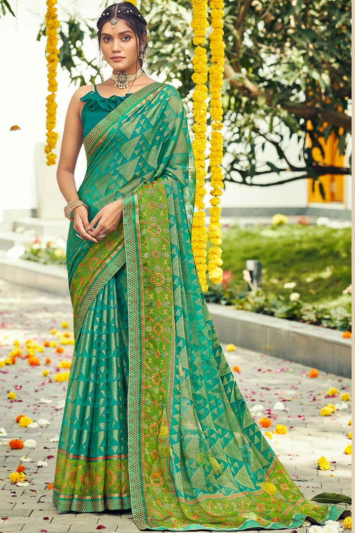 Casual Wear Sea Green Color Printed Work Precious Saree In Chiffon Fabric