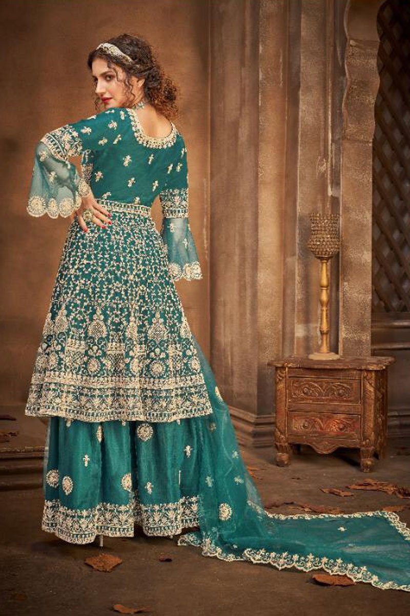 broidery Work Sangeet Wear Stylish Palazzo Suit In Teal Color Net Fabric