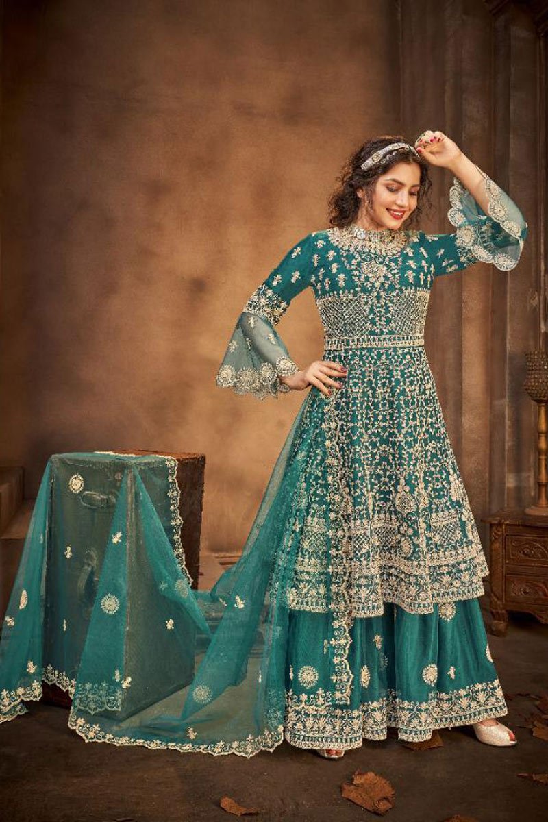 broidery Work Sangeet Wear Stylish Palazzo Suit In Teal Color Net Fabric