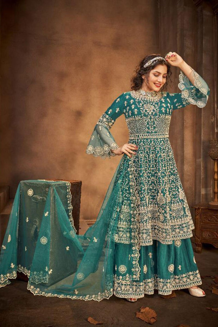 broidery Work Sangeet Wear Stylish Palazzo Suit In Teal Color Net Fabric