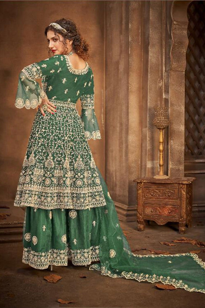 Green Color Net Fabric Embroidery Work Reception Wear Fancy Palazzo Suit