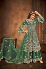 Load image into Gallery viewer, Green Color Net Fabric Embroidery Work Reception Wear Fancy Palazzo Suit
