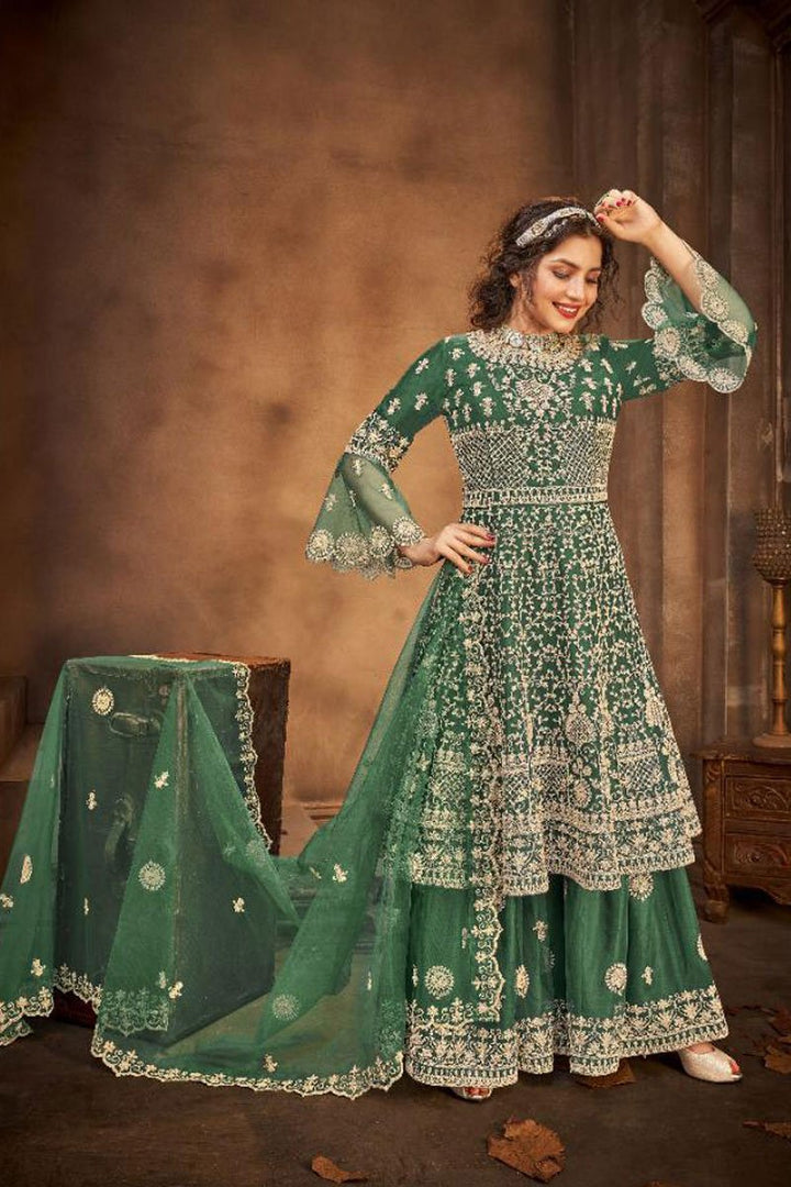 Green Color Net Fabric Embroidery Work Reception Wear Fancy Palazzo Suit