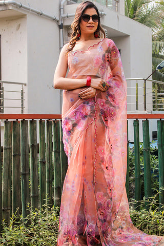 Peach Color Digital Printed Organza Fabric Incredible Saree