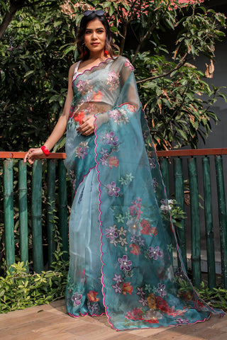 Organza Fabric Party Look Teal Color Digital Printed Phenomenal Saree