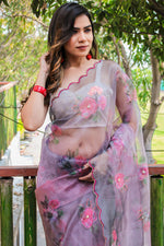 Load image into Gallery viewer, Organza Fabric Party Look Digital Printed Luxurious Saree In Grey Color
