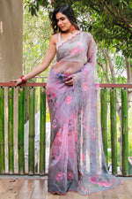 Load image into Gallery viewer, Organza Fabric Party Look Digital Printed Luxurious Saree In Grey Color
