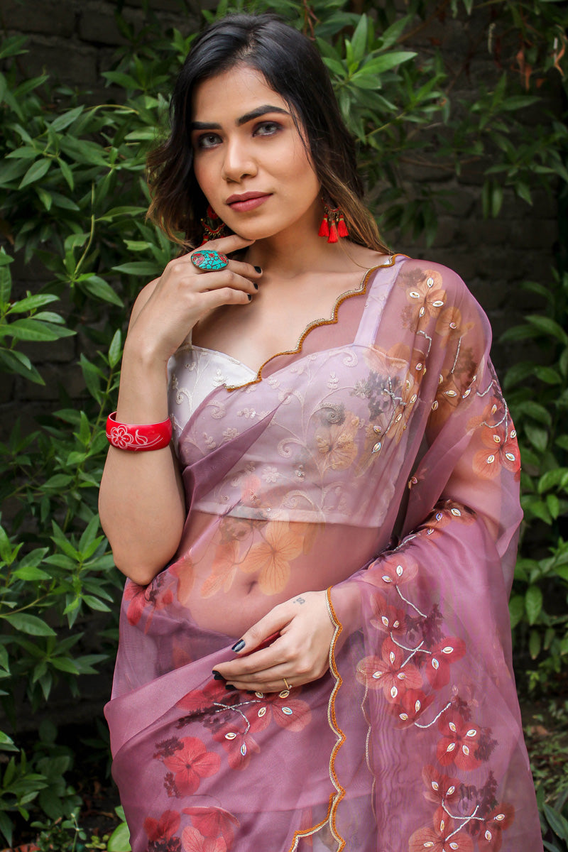 Organza Fabric Digital Printed Party Look Mesmeric Saree In Pink Color