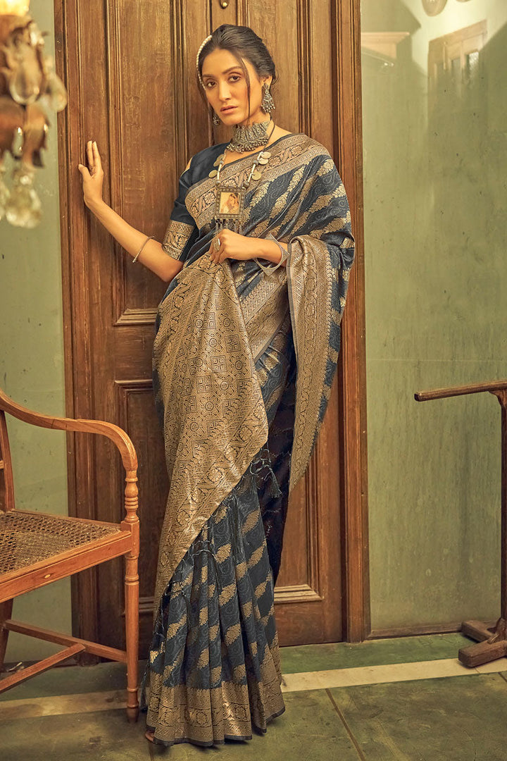 Grey Color Engaging Weaving Work Banarasi Style Silk Saree