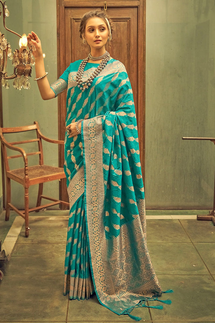 Cyan Color Precious Weaving Designs Banarasi Style Silk Saree