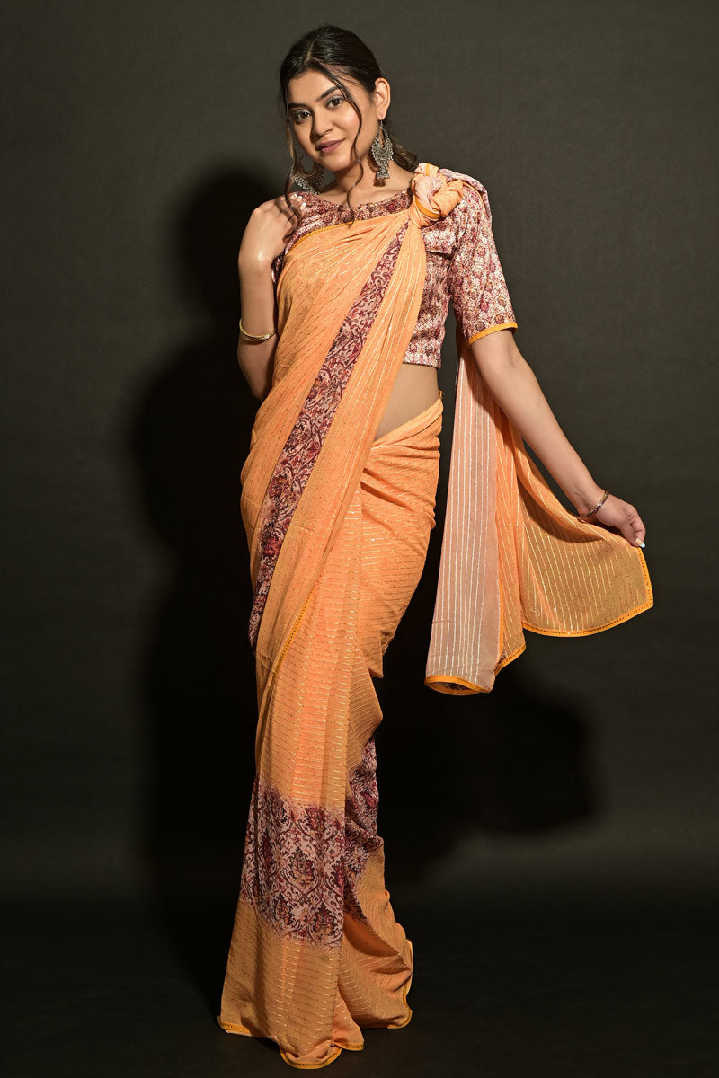 Function Wear Orange Color Georgette Fabric Remarkable Printed Saree