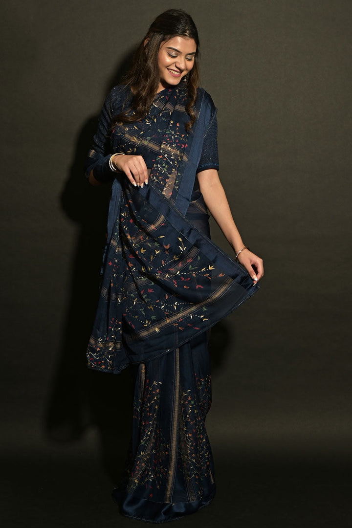 Weaving Work Navy Blue Color Fancy Fabric Lovely Party Look Saree