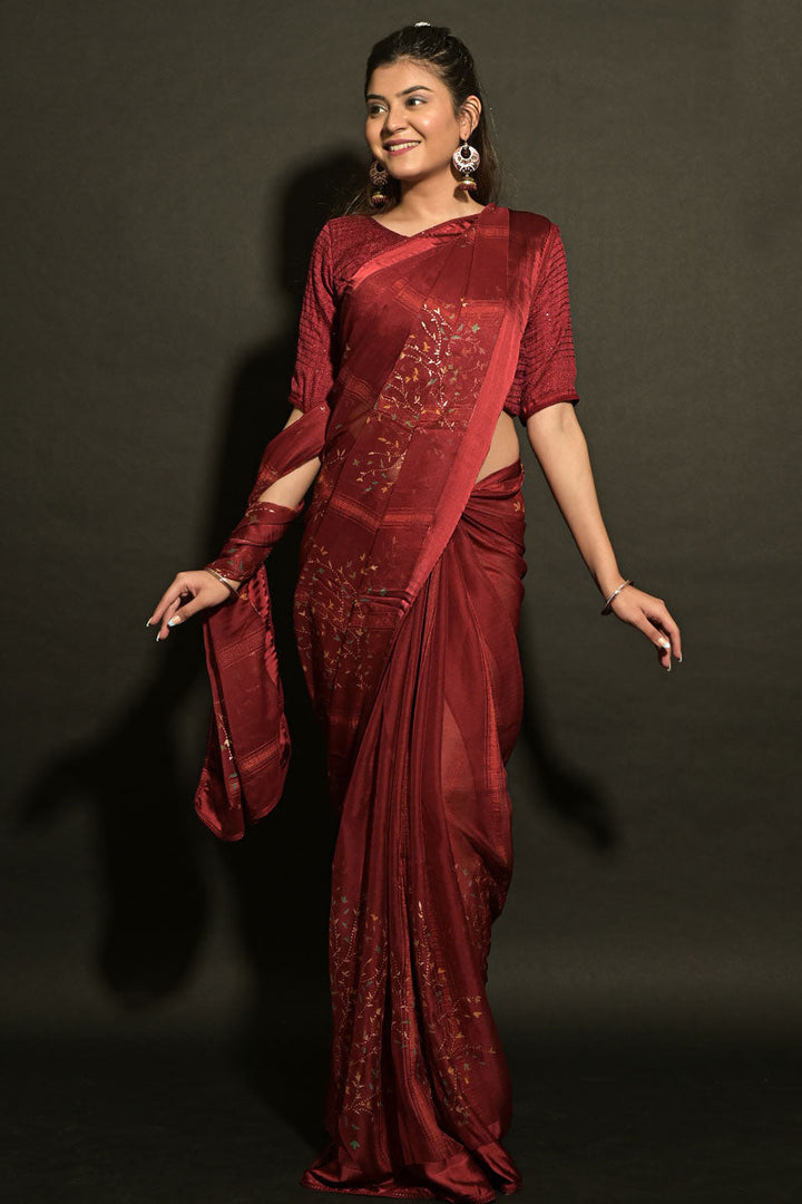 Weaving Designs On Maroon Color Fancy Fabric Party Look Remarkable Saree