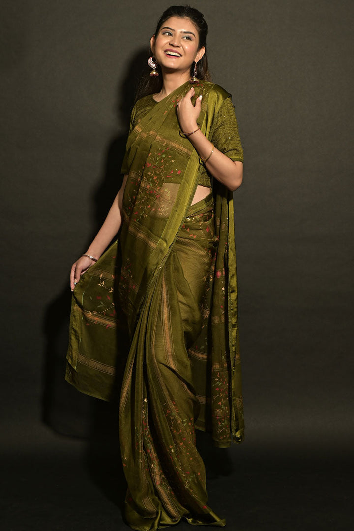 Beauteous Party Look Mehendi Green Color Weaving Work Saree In Fancy Fabric