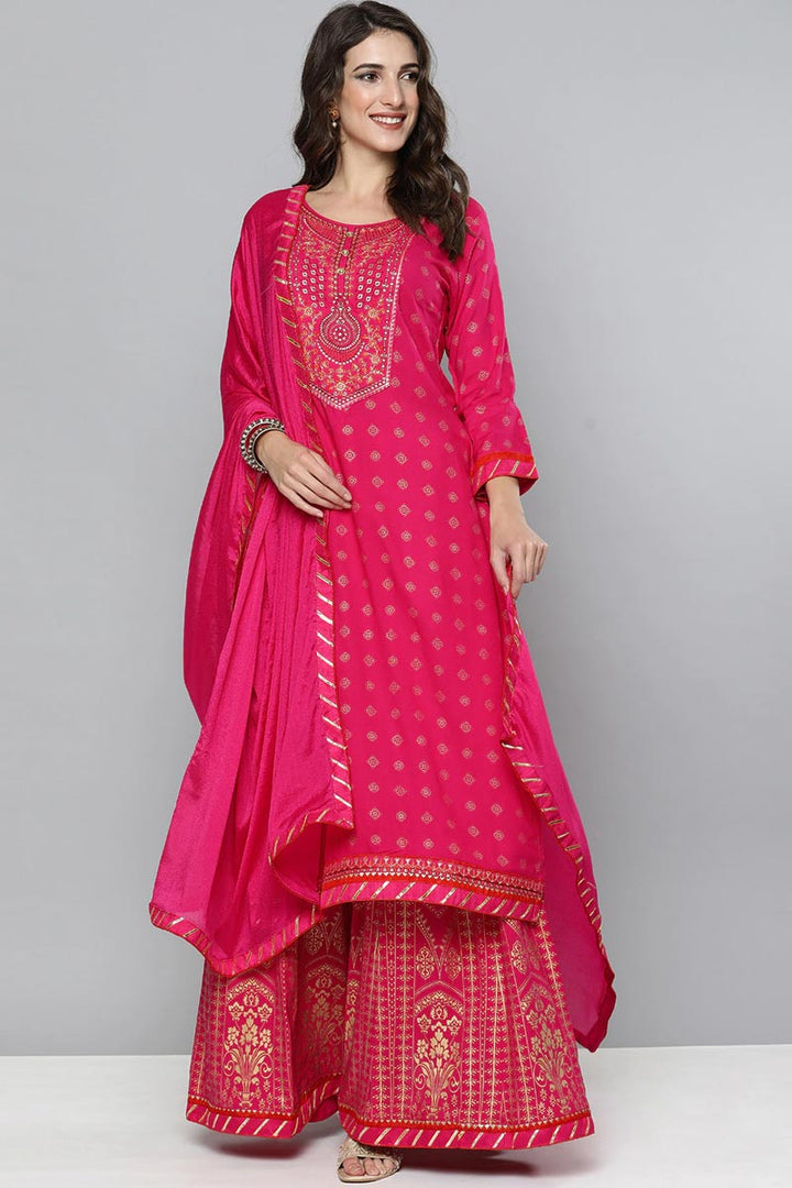 Rani Color Subline Sharara Top Lehenga In Rayon Fabric