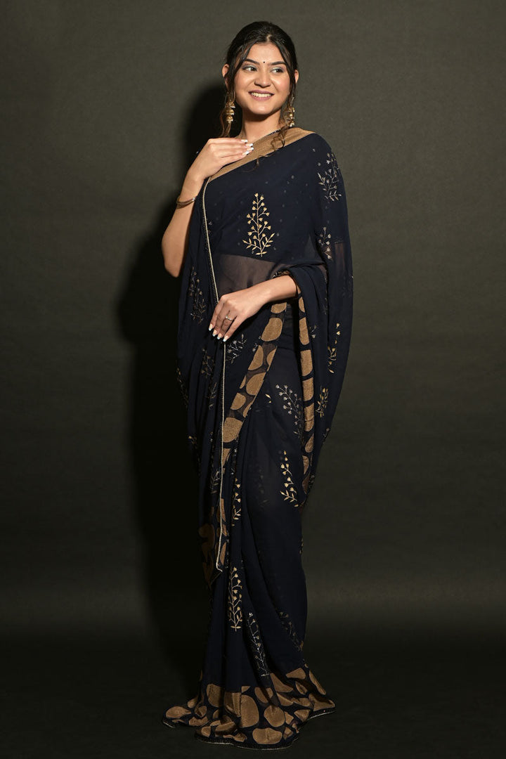Party Wear Brasso Fabric Luminous Printed Saree In Black Color