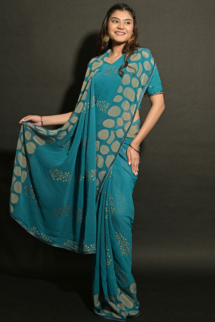 Cyan Color Party Wear Blazing Printed Saree In Brasso Fabric