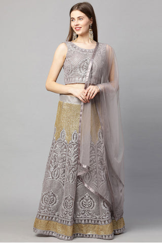 Embroidered Net Fabric Luxurious Lehenga In Lavender Color