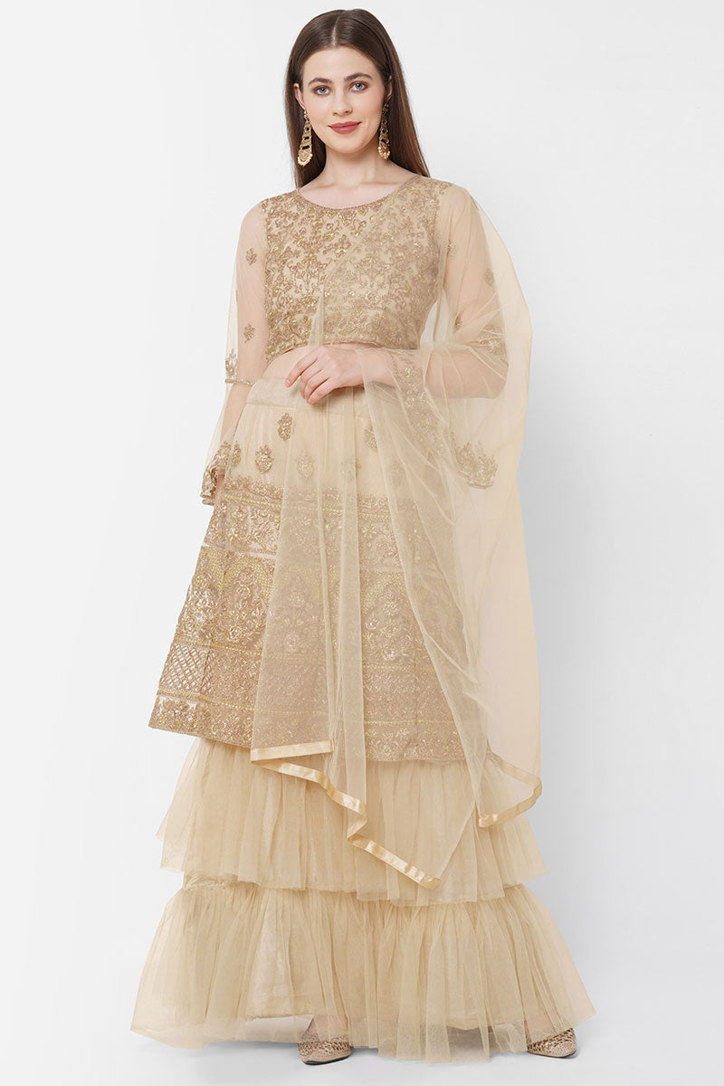 Net Fabric Beige Color Luminous Embroidered Lehenga