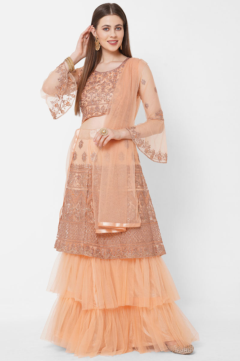 Orange Color Net Fabric Magnificent Embroidered Lehenga