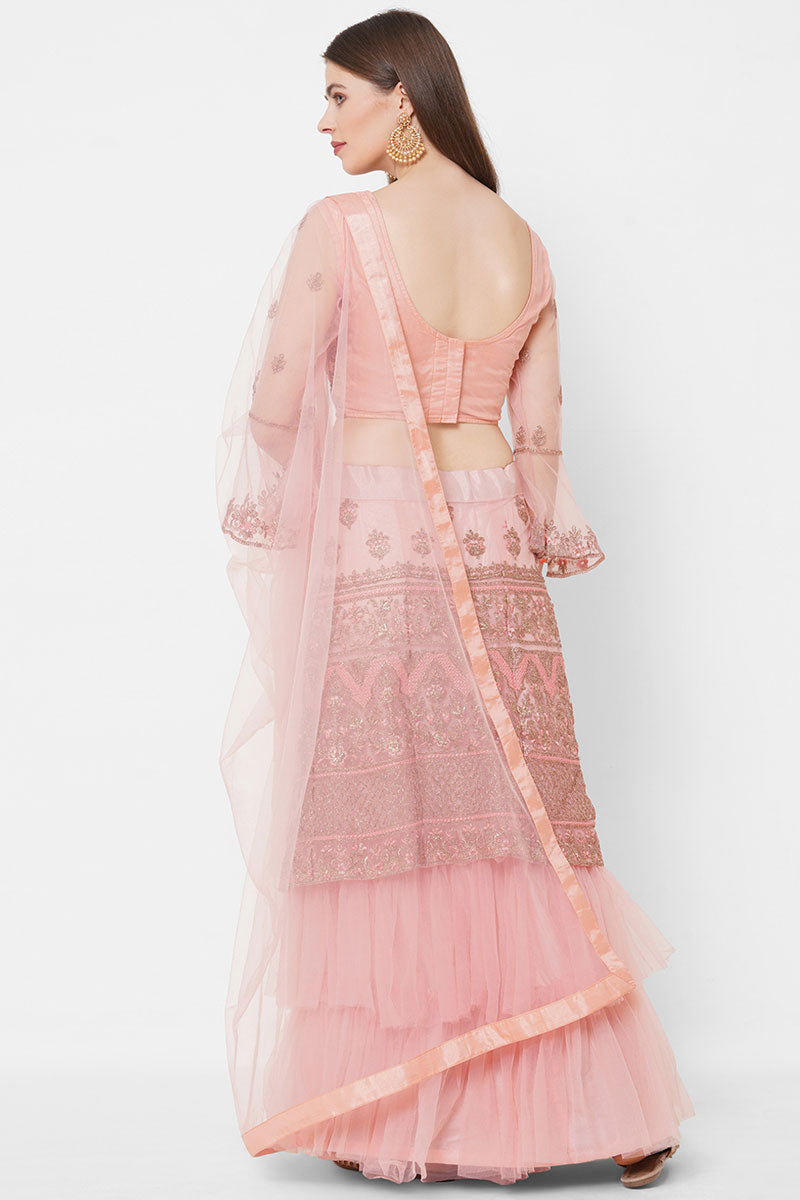 Embroidered Peach Color Aristocratic Lehenga In Net Fabric