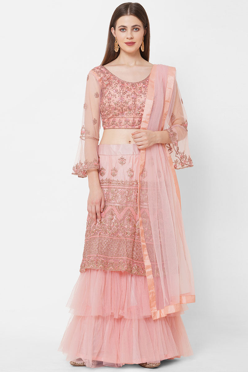 Embroidered Peach Color Aristocratic Lehenga In Net Fabric