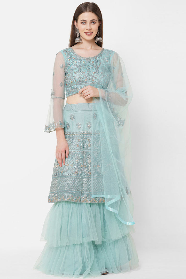 Light Cyan Color Net Fabric Provocative Embroidered Lehenga