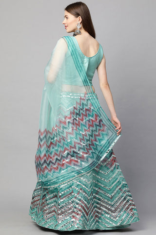 Wonderful Embroidered Organza Fabric Lehenga In Cyan Color