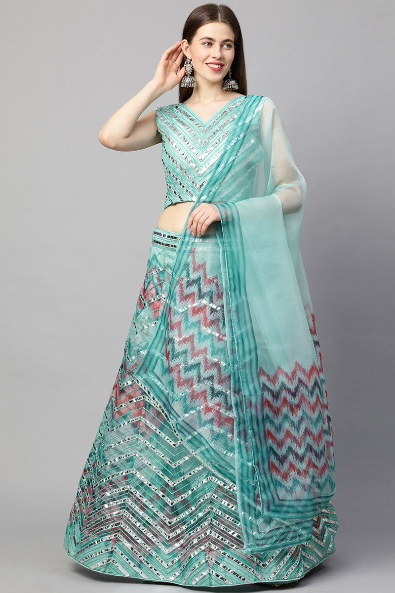 Wonderful Embroidered Organza Fabric Lehenga In Cyan Color