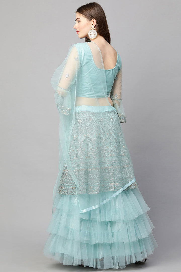Fascinating Embroidered Light Cyan Color Lehenga In Net Fabric