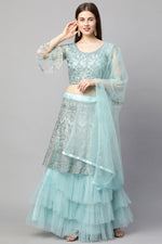 Load image into Gallery viewer, Fascinating Embroidered Light Cyan Color Lehenga In Net Fabric
