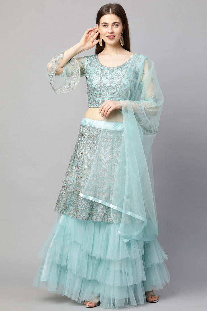 Fascinating Embroidered Light Cyan Color Lehenga In Net Fabric