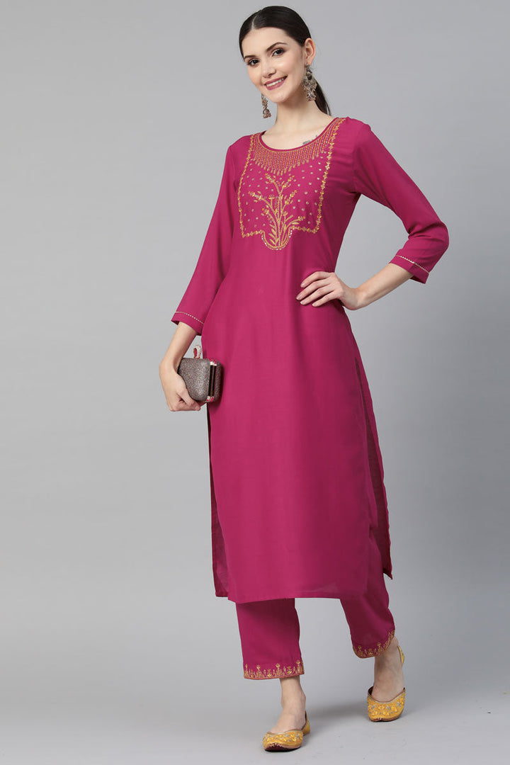 Fancy Fabric Pink Color Embroidered Spectacular Kurti With Bottom