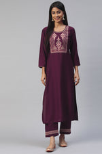 Load image into Gallery viewer, Radiant Wine Color Embroidered Fancy Fabric Kurti With Bottom
