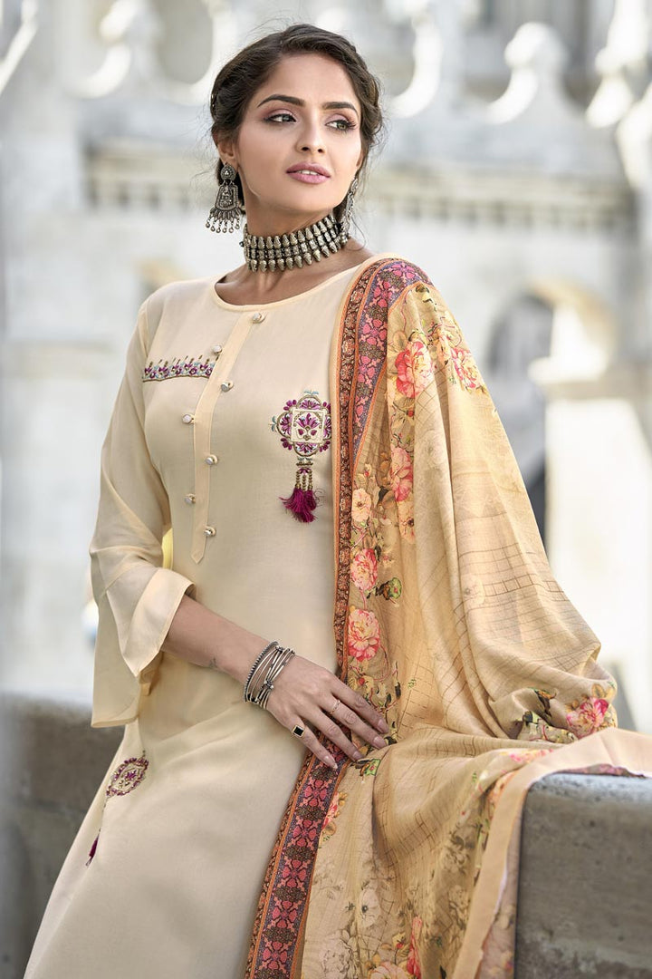 Alluring Rayon Fabric Cream Color Asmita Sood Salwar Suit