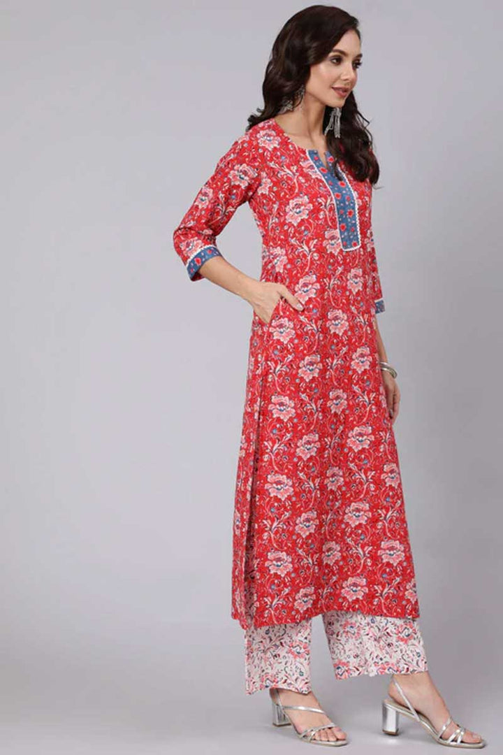 Cotton Fabric Red Color Printed Work Brilliant Salwar Suit