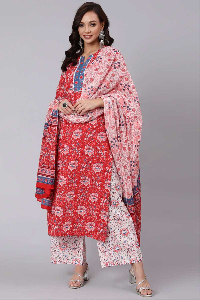 Cotton Fabric Red Color Printed Work Brilliant Salwar Suit