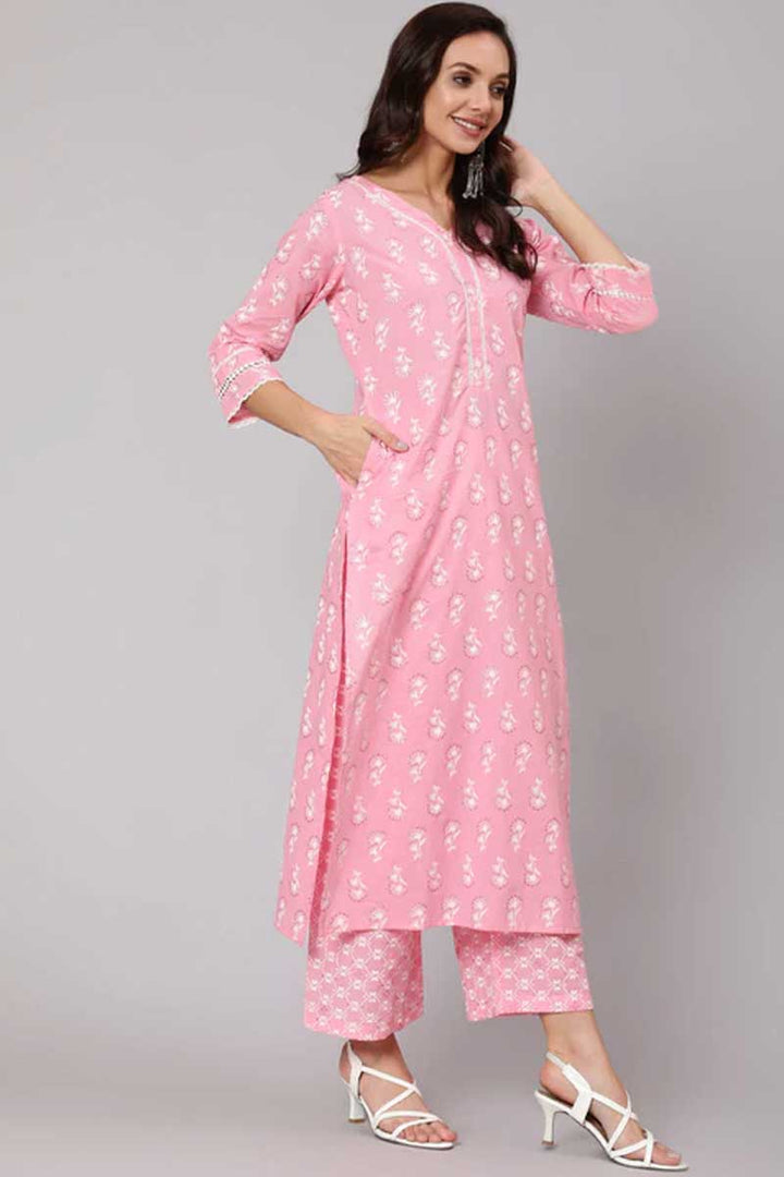 Cotton Fabric Printed Work Soothing Salwar Suit Pink Color