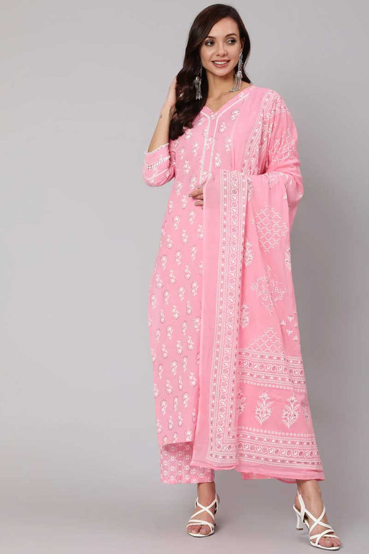 Cotton Fabric Printed Work Soothing Salwar Suit Pink Color