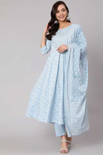 Load image into Gallery viewer, Light Cyan Color Cotton Fabric Glorious Salwar Suit With Printed Work
