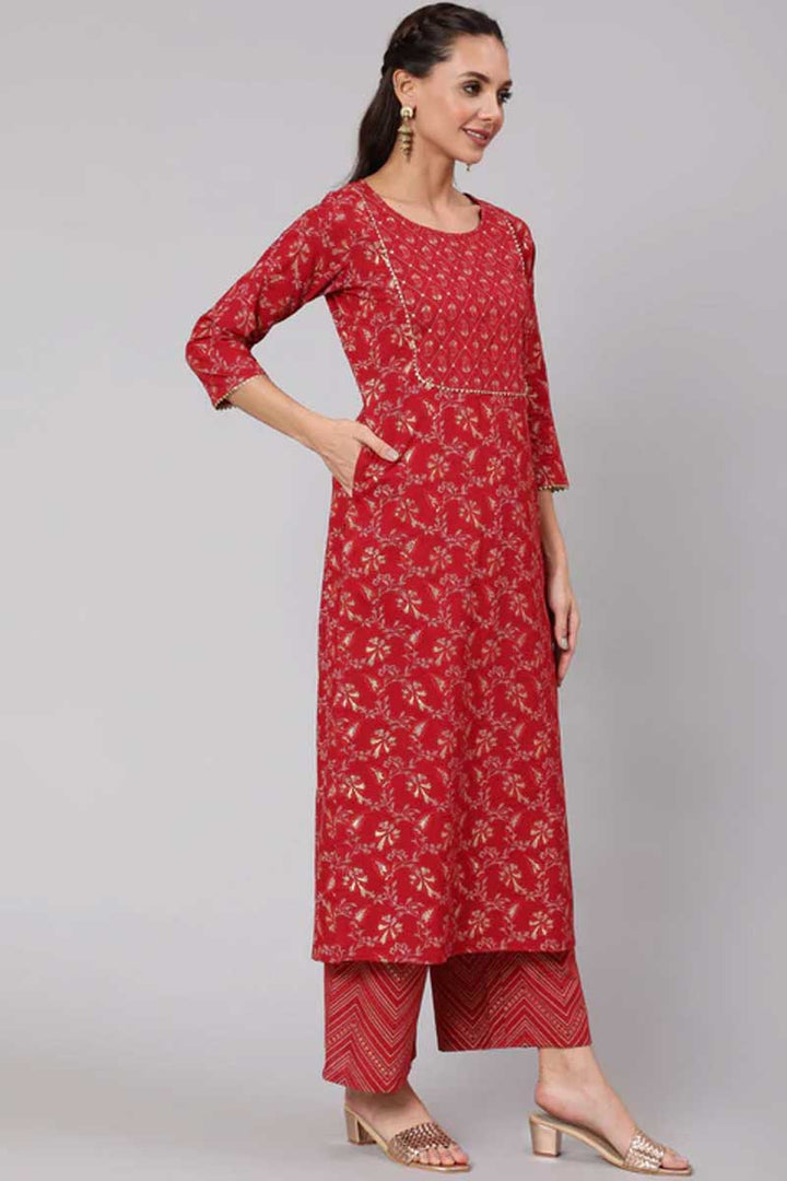 Cotton Fabric Red Color Printed Work Glamorous Salwar Suit