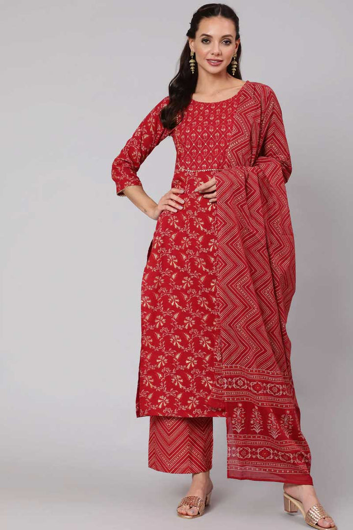 Cotton Fabric Red Color Printed Work Glamorous Salwar Suit