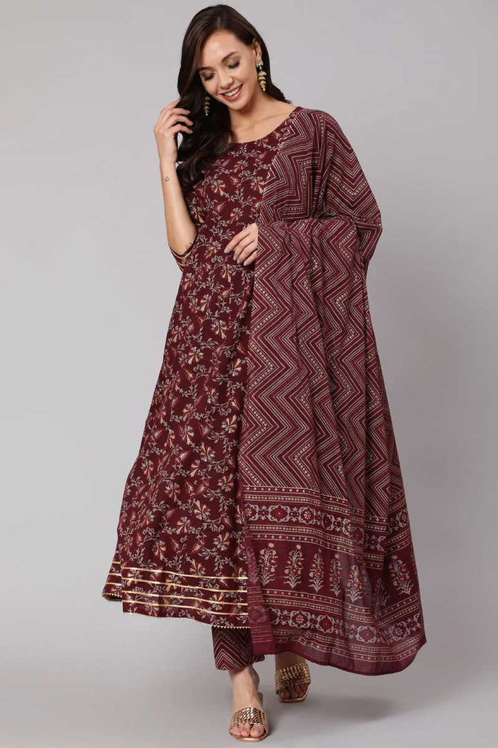 Cotton Fabric Maroon Color Gorgeous Salwar Suit With Printed Work
