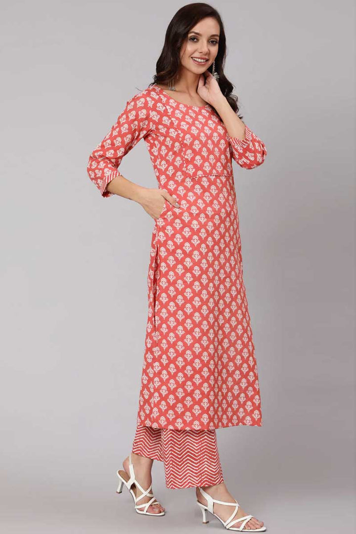 Peach Color Cotton Fabric Pleasant Salwar Suit With Printed Work