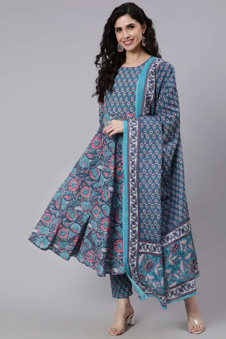 Cotton Fabric Beatific Anarkali Suit In Teal Color