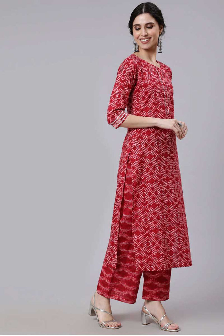 Red Color Inventive Palazzo Suit In Cotton Fabric