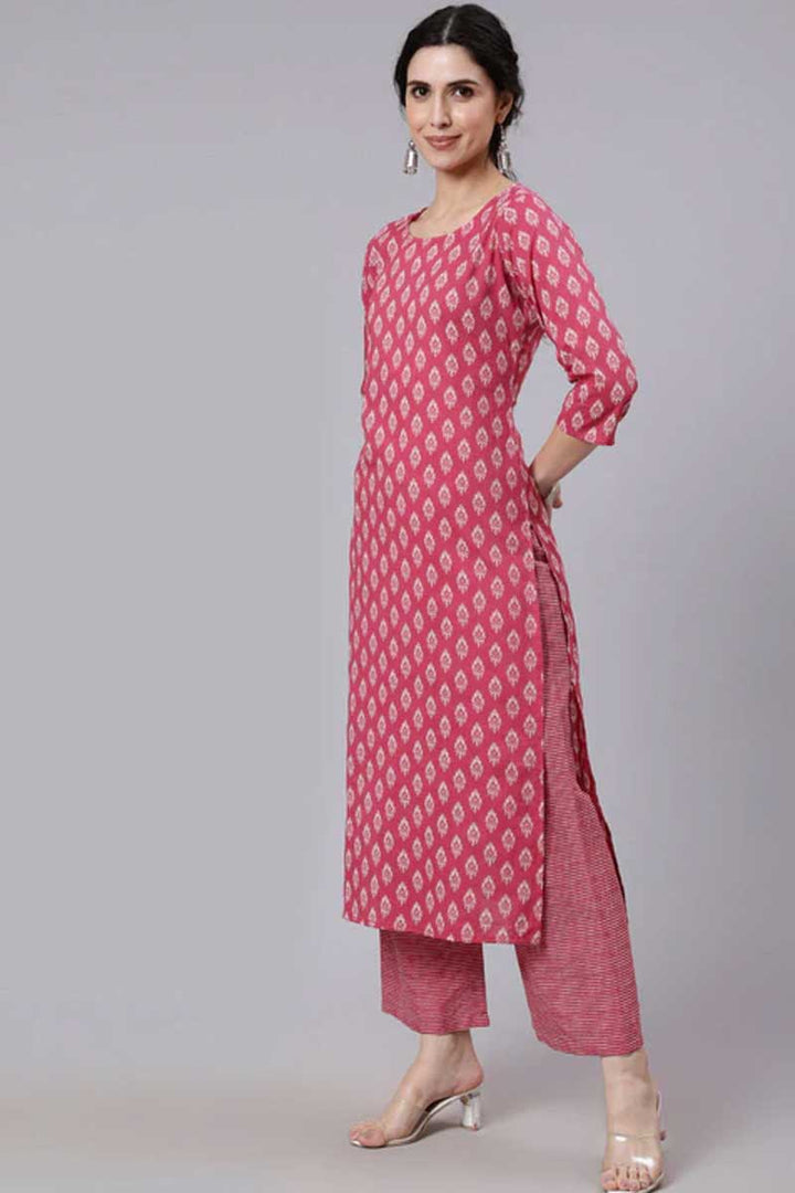 Pink Color Cotton Fabric Adorming Palazzo Suit