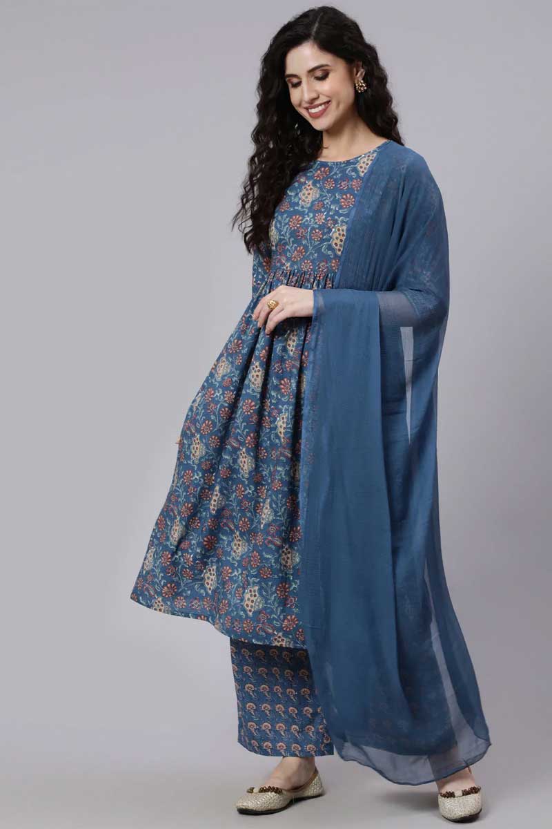 Cotton Fabric Blue Color Winsome Palazzo Suit