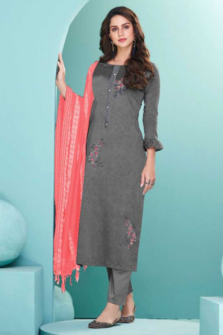 Cotton Fabric Lovely Grey Color Salwar Suit With Pink Dupatta