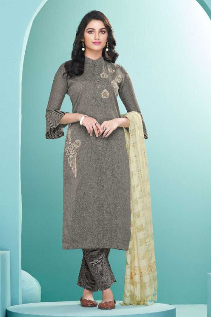 Grey Color Fabulous Salwar Suit With Cream Dupatta In Cotton Fabric